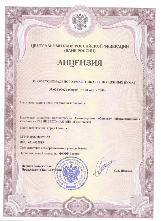 28 марта 2006г. получена лицензия профессионального участника рынка ценных бумаг на осуществление депозитарной деятельности